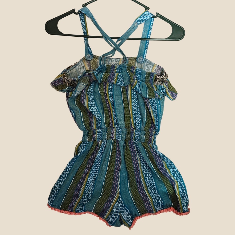 435 Matilda Jane Girls Teal Green Striped Boho Tassel Romper Size 12 27463R
